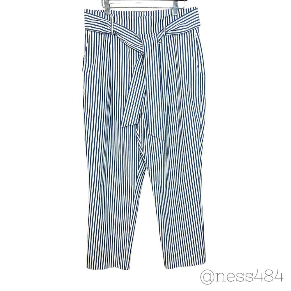 Antonio Melani Womens Striped Paperbag Waist Belted‎ Pants Size 14 Blue White